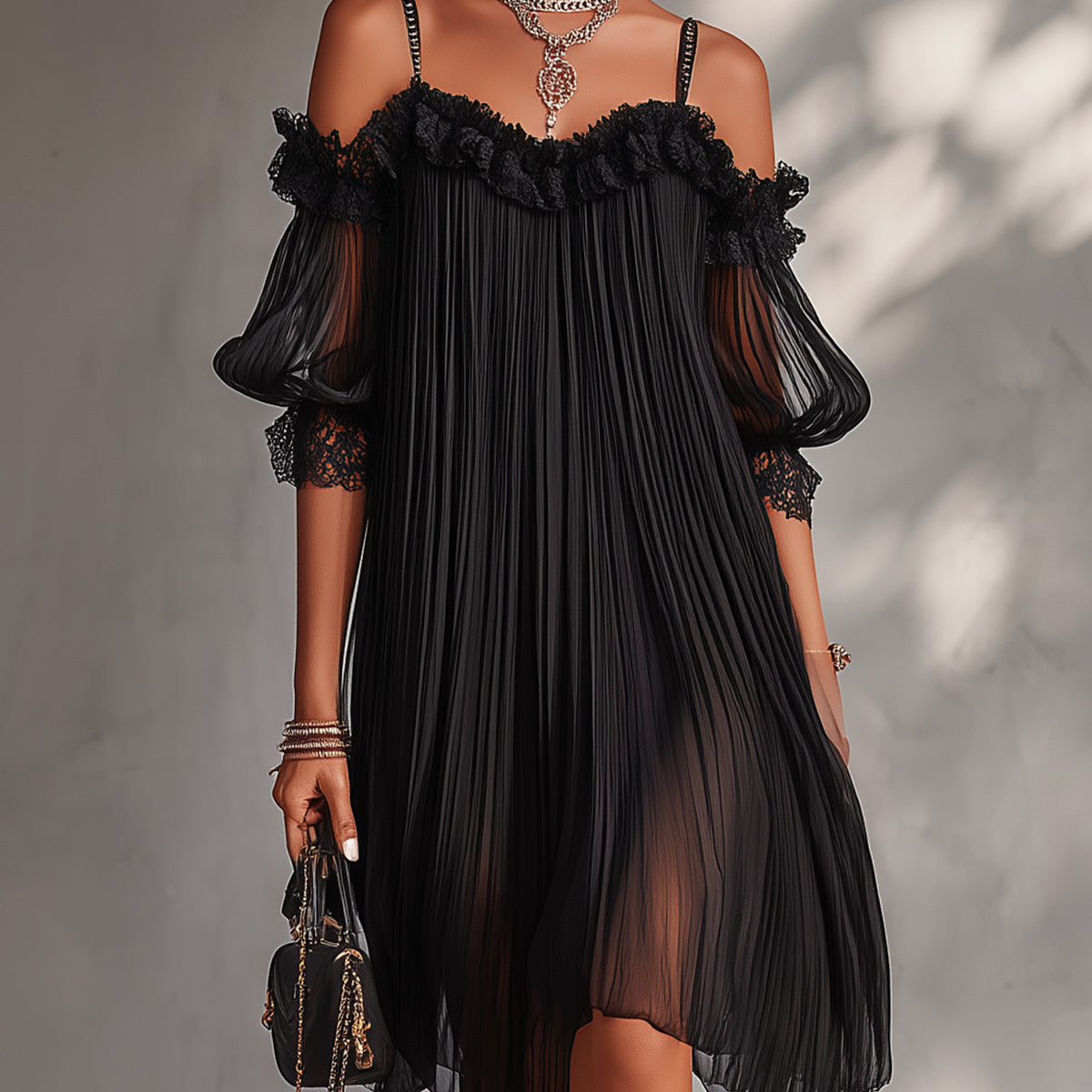 Black Chiffon Mini Dress with Off-the-Shoulder Neckline and Lace