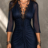 Navy Mesh Mini Dress with Ruching and Retro Lace