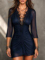 Navy Mesh Mini Dress with Ruching and Retro Lace