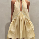 Yellow Sleeveless Mini Dress with Deep V-Neck and Lace — view 2