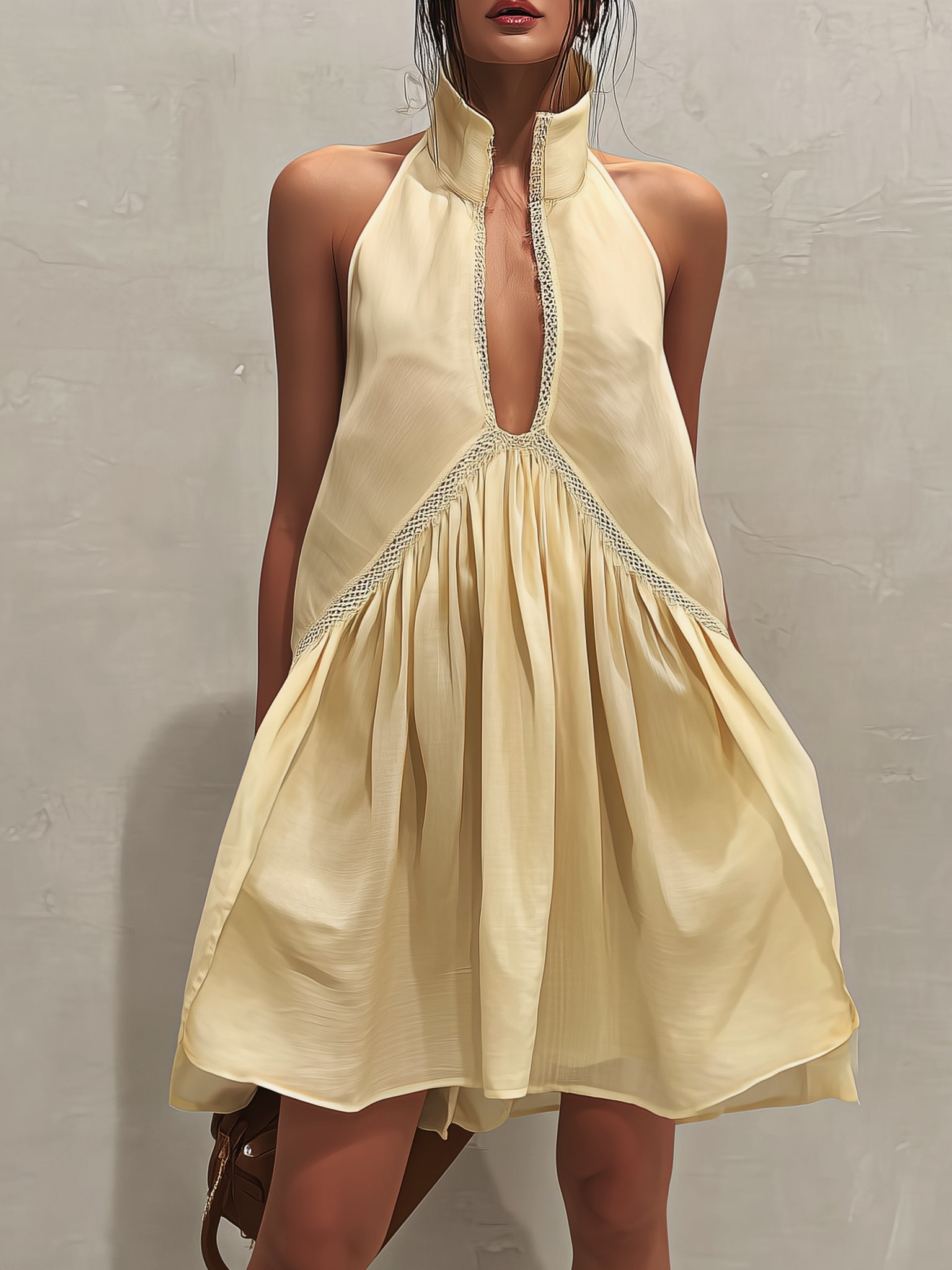Yellow Sleeveless Mini Dress with Deep V-Neck and Lace — view 2