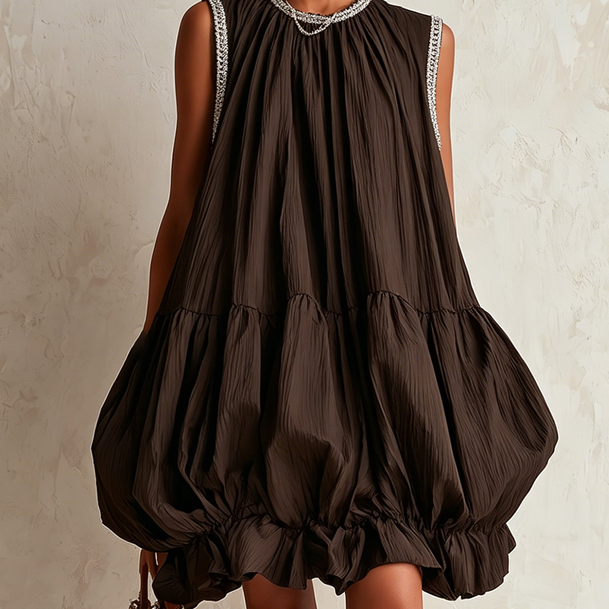 Brown Sleeveless Mini Dress with Balloon Hem