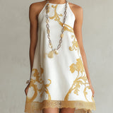 White Mini Dress with Golden Floral Print