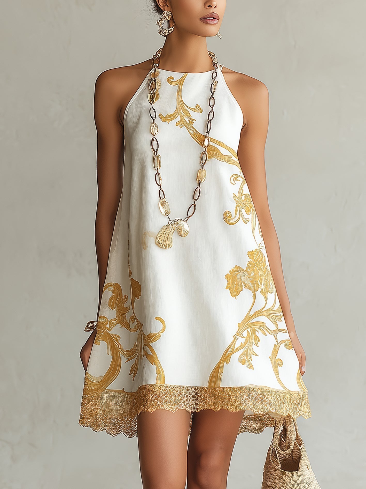 White Mini Dress with Golden Floral Print