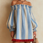 Blue and White Striped Mini Dress with Off-the-Shoulder Neckline
