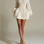 White Mini Dress with Exposed Shoulders and Cinched Waist