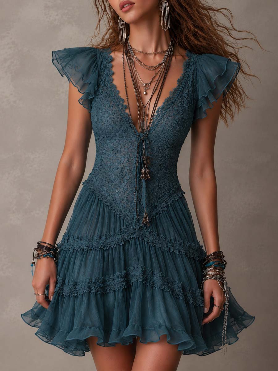 Petrol Blue Mini Dress with Retro Lace and Chiffon Ruffles