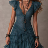 Petrol Blue Mini Dress with Retro Lace and Chiffon Ruffles