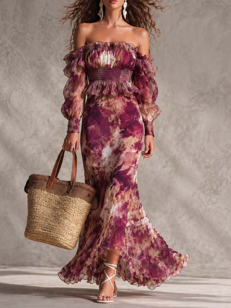 Maxi Floral Chiffon Dress with Off-the-Shoulder Neckline