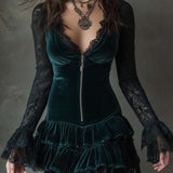 Dark Green Velvet Mini Dress with Lace Sleeves