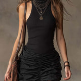 Bohemian Black Mini Dress with Cutout Shoulders and Pleated Folds