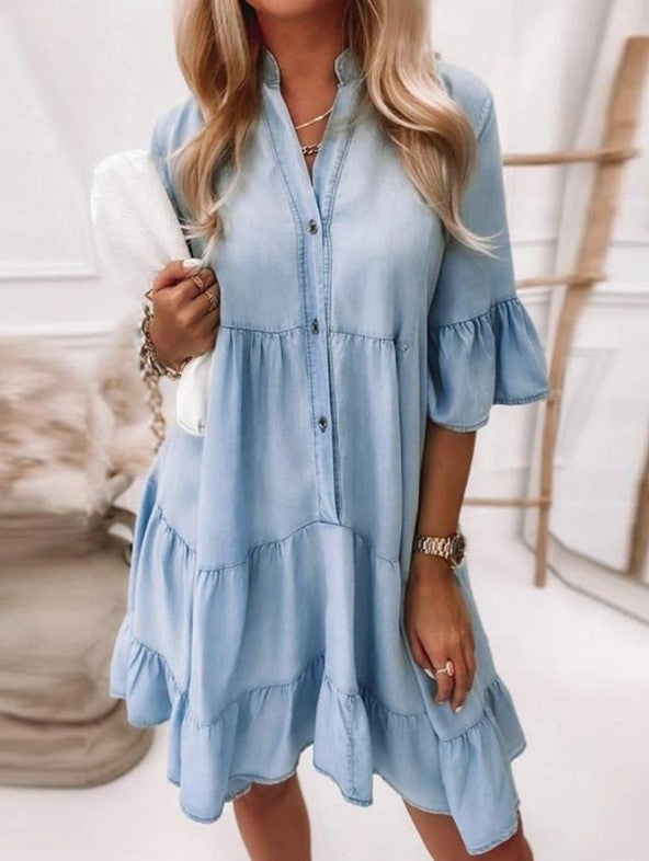 Washed Denim Midi Dress with Short Sleeves