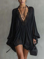 Black Chiffon Mini Dress with Lace Neckline