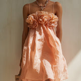 Pink Mini Dress with 3D Flowers and Thin Straps