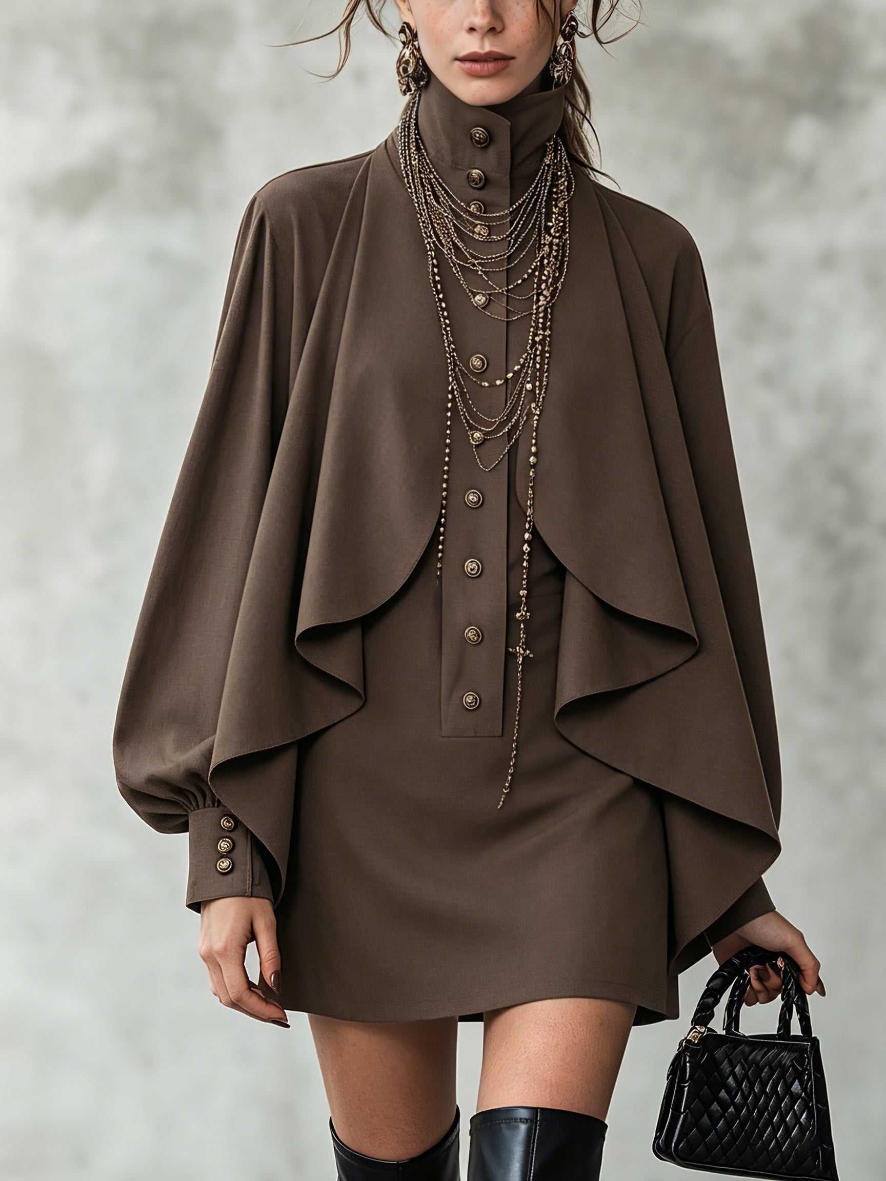 Mini Velvet Dress with High Collar and Cape-Style Panels