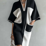 Black and White Two-Tone Midi Dress with Batwing Sleeves