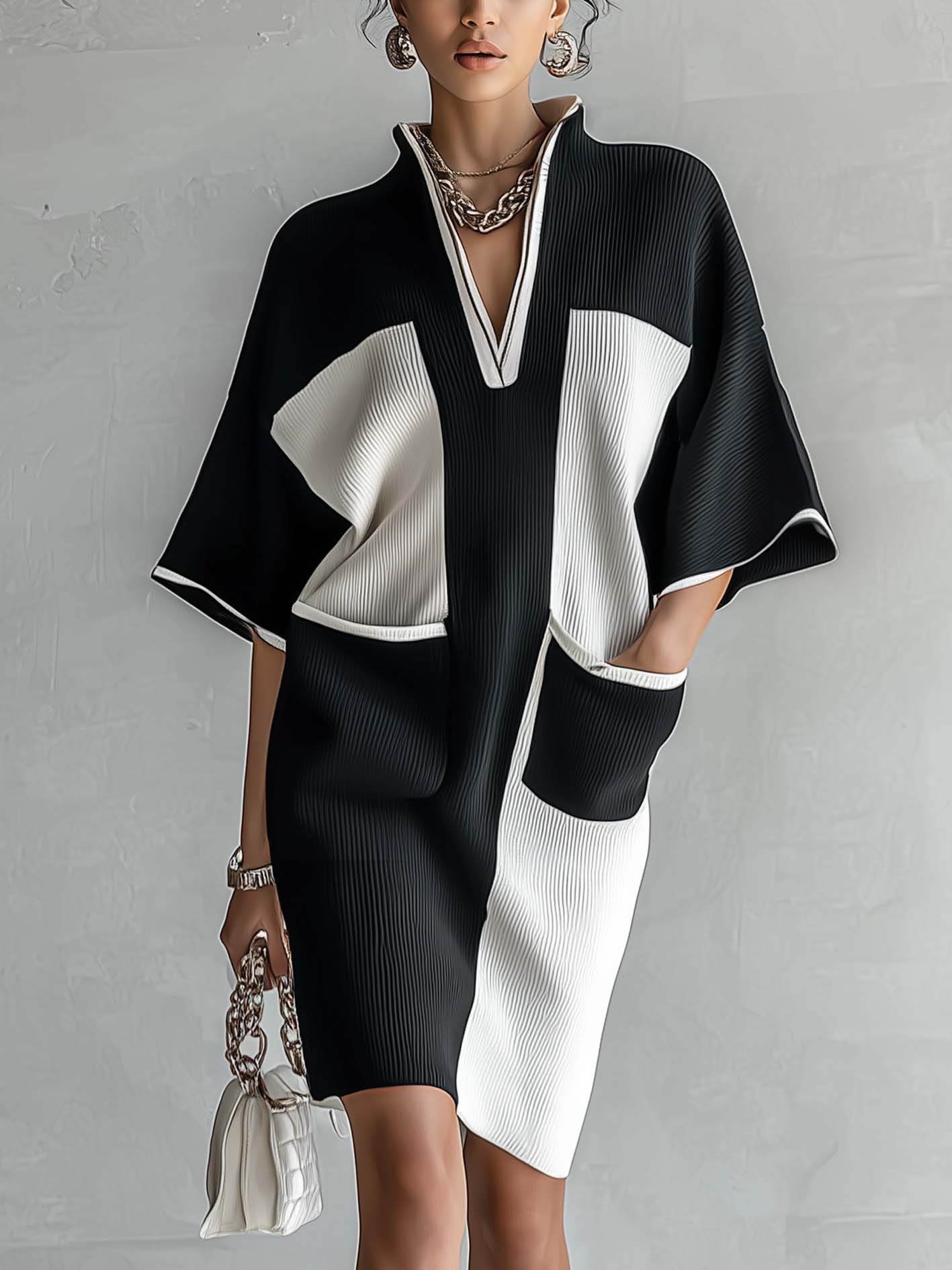 Black and White Two-Tone Midi Dress with Batwing Sleeves