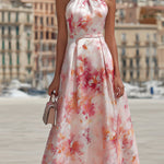 Violetta - Midi Dress with Halter in Watercolour Floral Pattern