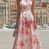 Violetta - Midi Dress with Halter in Watercolour Floral Pattern