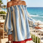 Blue and White Striped Mini Dress with Off-the-Shoulder Neckline — view 3