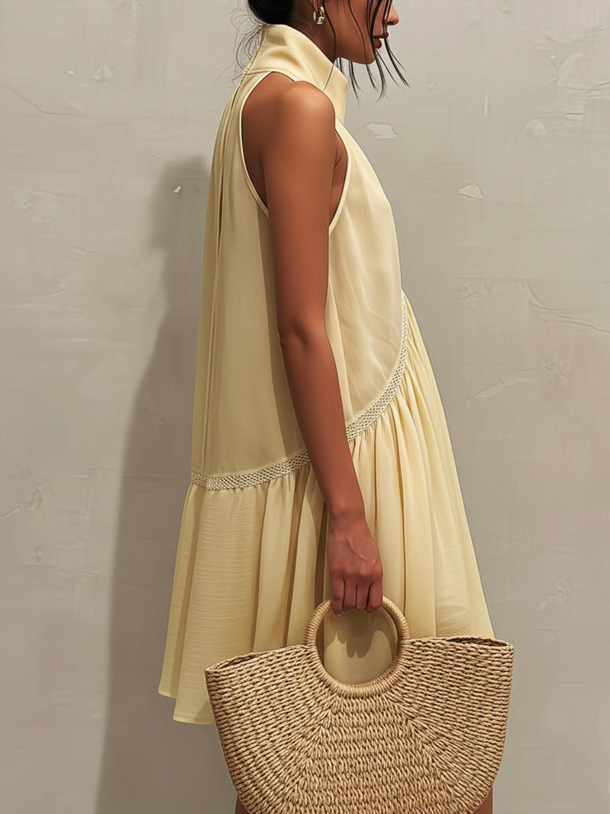 Yellow Sleeveless Mini Dress with Deep V-Neck and Lace — view 3