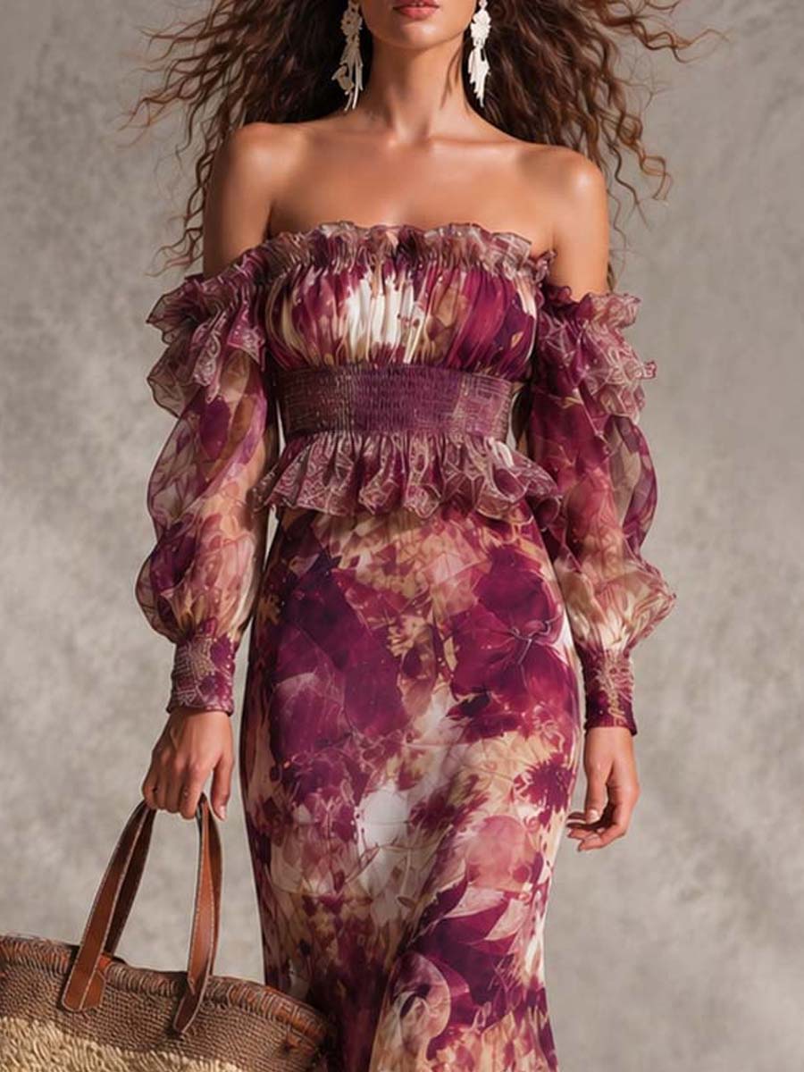 Maxi Floral Chiffon Dress with Off-the-Shoulder Neckline — view 2