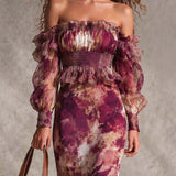 Maxi Floral Chiffon Dress with Off-the-Shoulder Neckline — view 2