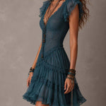 Petrol Blue Mini Dress with Retro Lace and Chiffon Ruffles — view 3