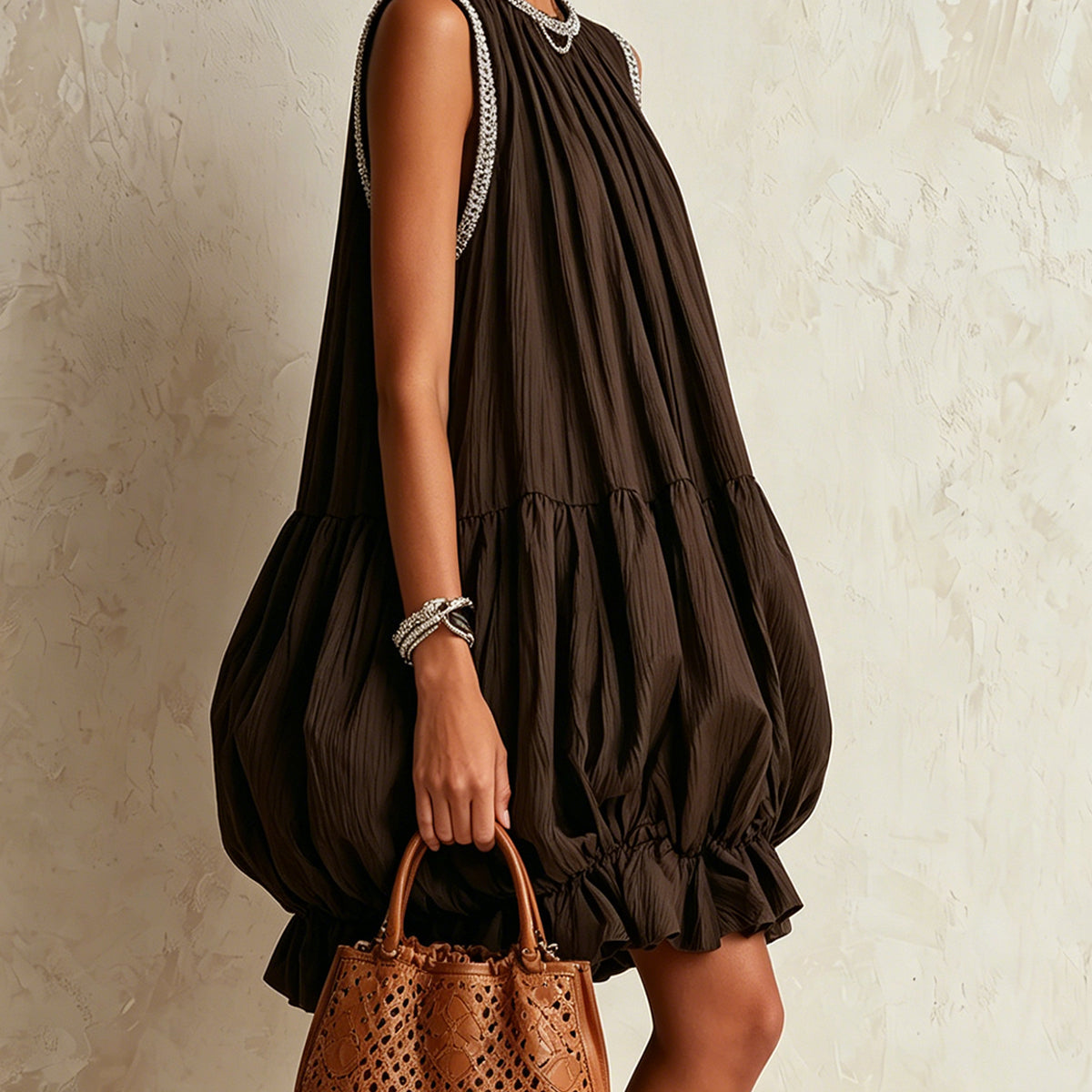 Brown Sleeveless Mini Dress with Balloon Hem — view 2