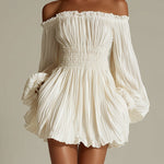 White Mini Dress with Exposed Shoulders and Cinched Waist — view 3
