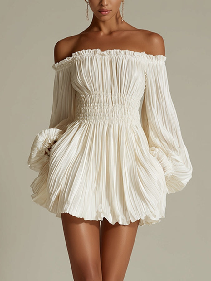 White Mini Dress with Exposed Shoulders and Cinched Waist — view 3