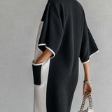 Black and White Two-Tone Midi Dress with Batwing Sleeves — view 2
