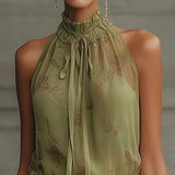 Mini Chiffon Dress with Green Flowers and Elastic Waist