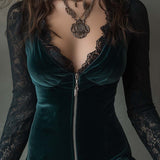 Dark Green Velvet Mini Dress with Lace Sleeves — view 2