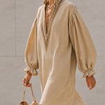 Beige Mini Dress with V-Neck and Puffed Sleeves — view 2