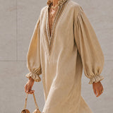 Beige Mini Dress with V-Neck and Puffed Sleeves — view 2