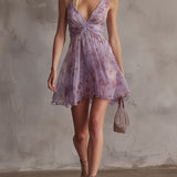 Chiffon Mini Dress with Retro Floral Print in Purple
