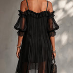 Black Chiffon Mini Dress with Off-the-Shoulder Neckline and Lace — view 3