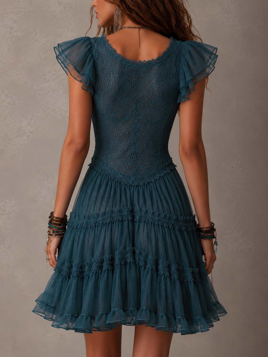 Petrol Blue Mini Dress with Retro Lace and Chiffon Ruffles — view 2