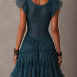 Petrol Blue Mini Dress with Retro Lace and Chiffon Ruffles — view 2