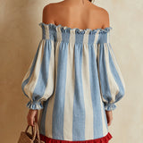 Blue and White Striped Mini Dress with Off-the-Shoulder Neckline — view 2