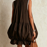 Brown Sleeveless Mini Dress with Balloon Hem — view 3