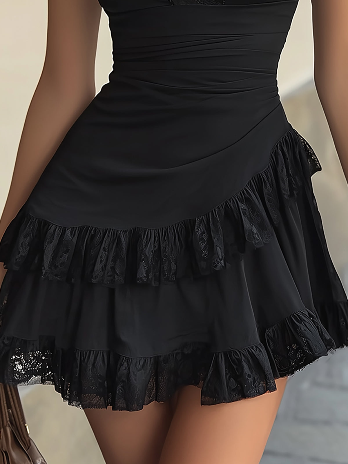 Black Lace Mini Dress with Ruffled Sleeves — view 3