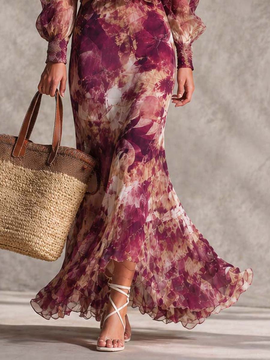 Maxi Floral Chiffon Dress with Off-the-Shoulder Neckline — view 3
