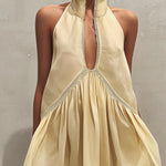 Yellow Sleeveless Mini Dress with Deep V-Neck and Lace