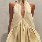 Yellow Sleeveless Mini Dress with Deep V-Neck and Lace