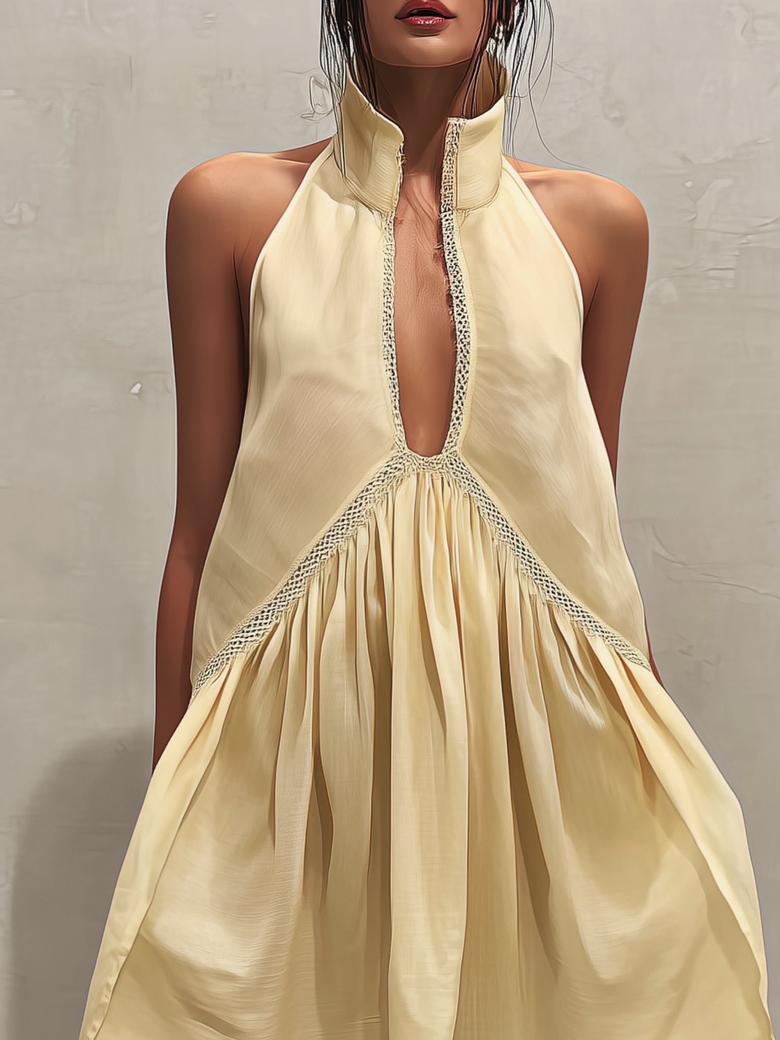 Yellow Sleeveless Mini Dress with Deep V-Neck and Lace