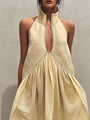 Yellow Sleeveless Mini Dress with Deep V-Neck and Lace