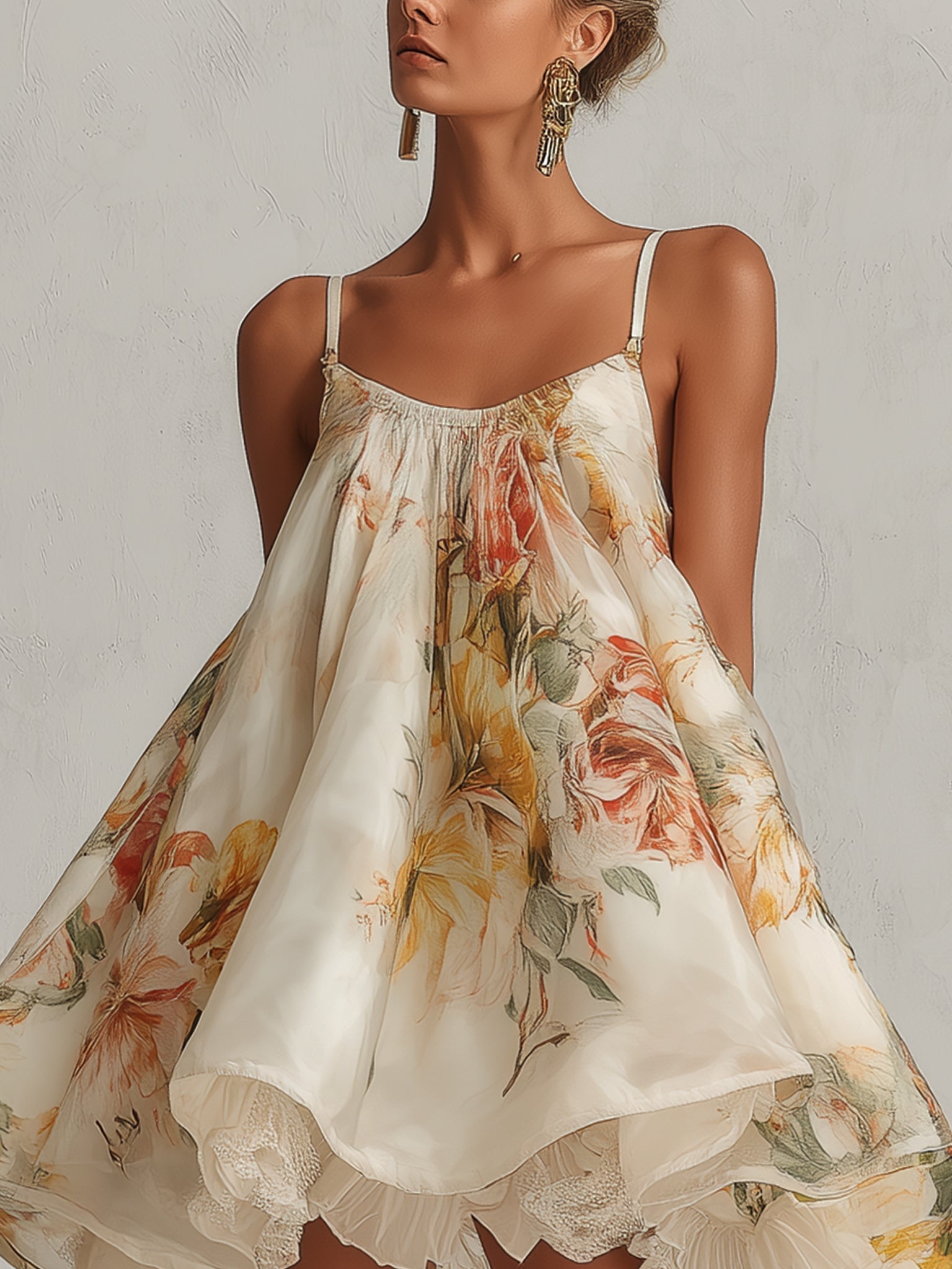 Beige Floral Organza Mini Dress with Lace — view 3