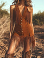 Sleeveless Mini Dress in Brown Suede with Fringe